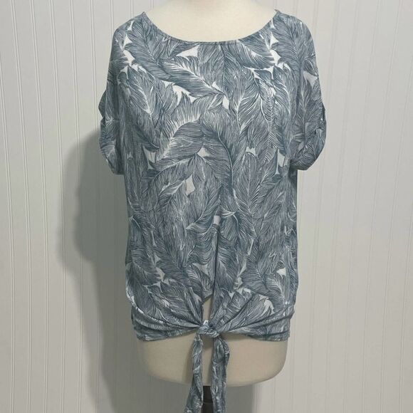 Final Touch Feather Print Tie Front Top T-Shirt Short Sleeves‎ Blue White Small - Picture 11 of 11